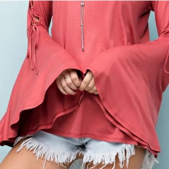 Rust Bell Sleeve Top – Lace-Up Sleeve Boho Blouse - Picture 3 of 3